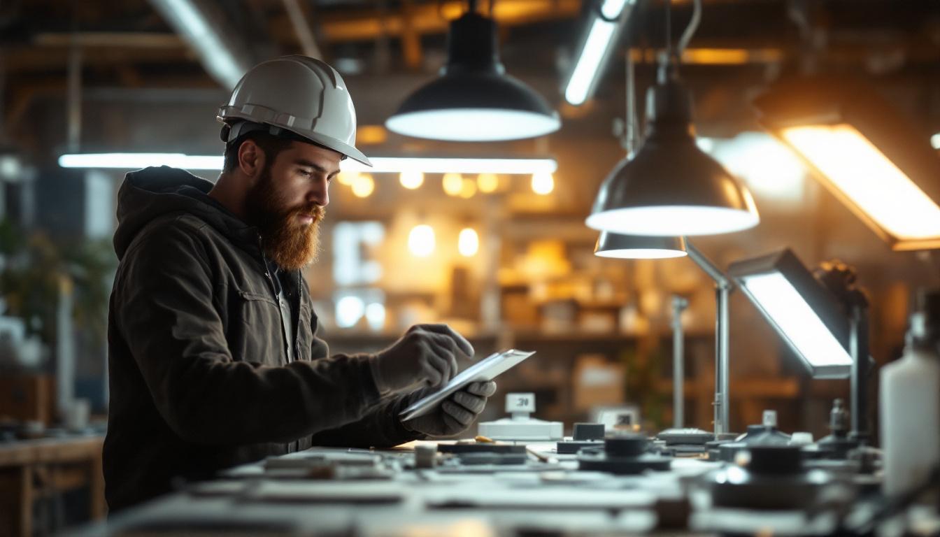 A photograph of a lighting engineer examining different types of lighting fixtures labeled br20 and br30 in a well-lit workspace