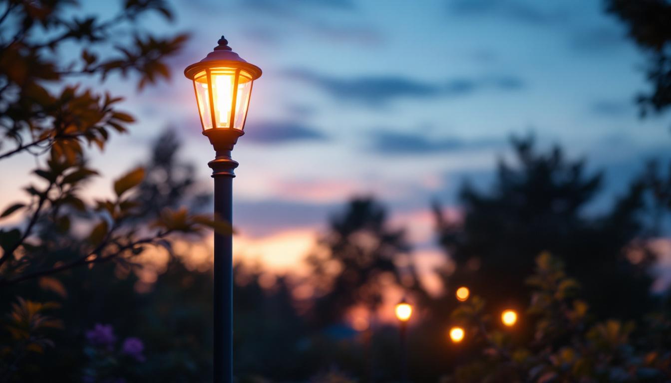 A photograph of a beautifully illuminated exterior light post fixture in a landscaped setting during twilight