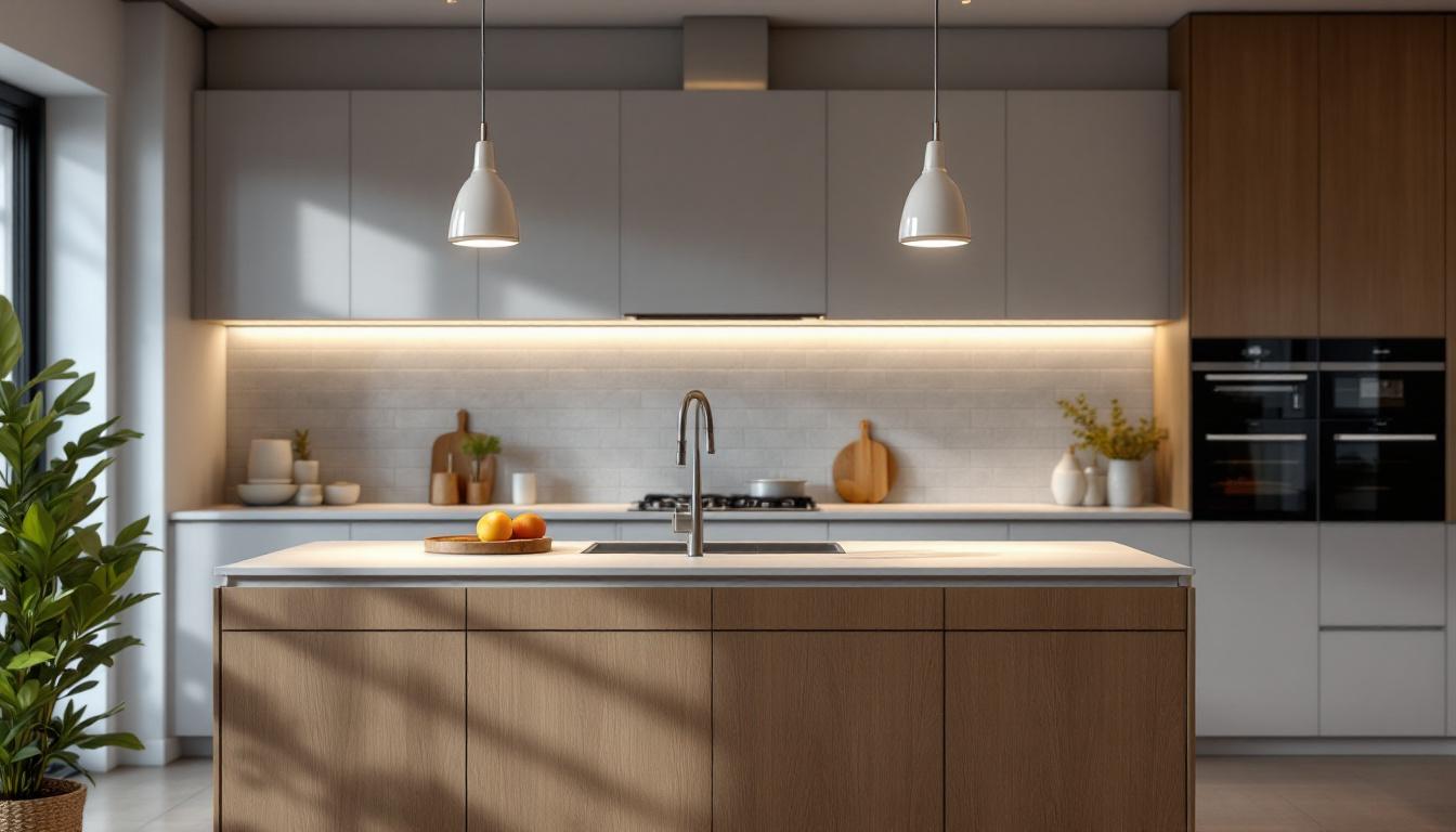 A photograph of a beautifully designed kitchen island featuring modern light fixtures that highlight both aesthetic appeal and compliance with safety standards