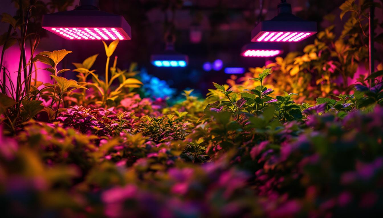 A photograph of a vibrant indoor garden illuminated by various led grow lights
