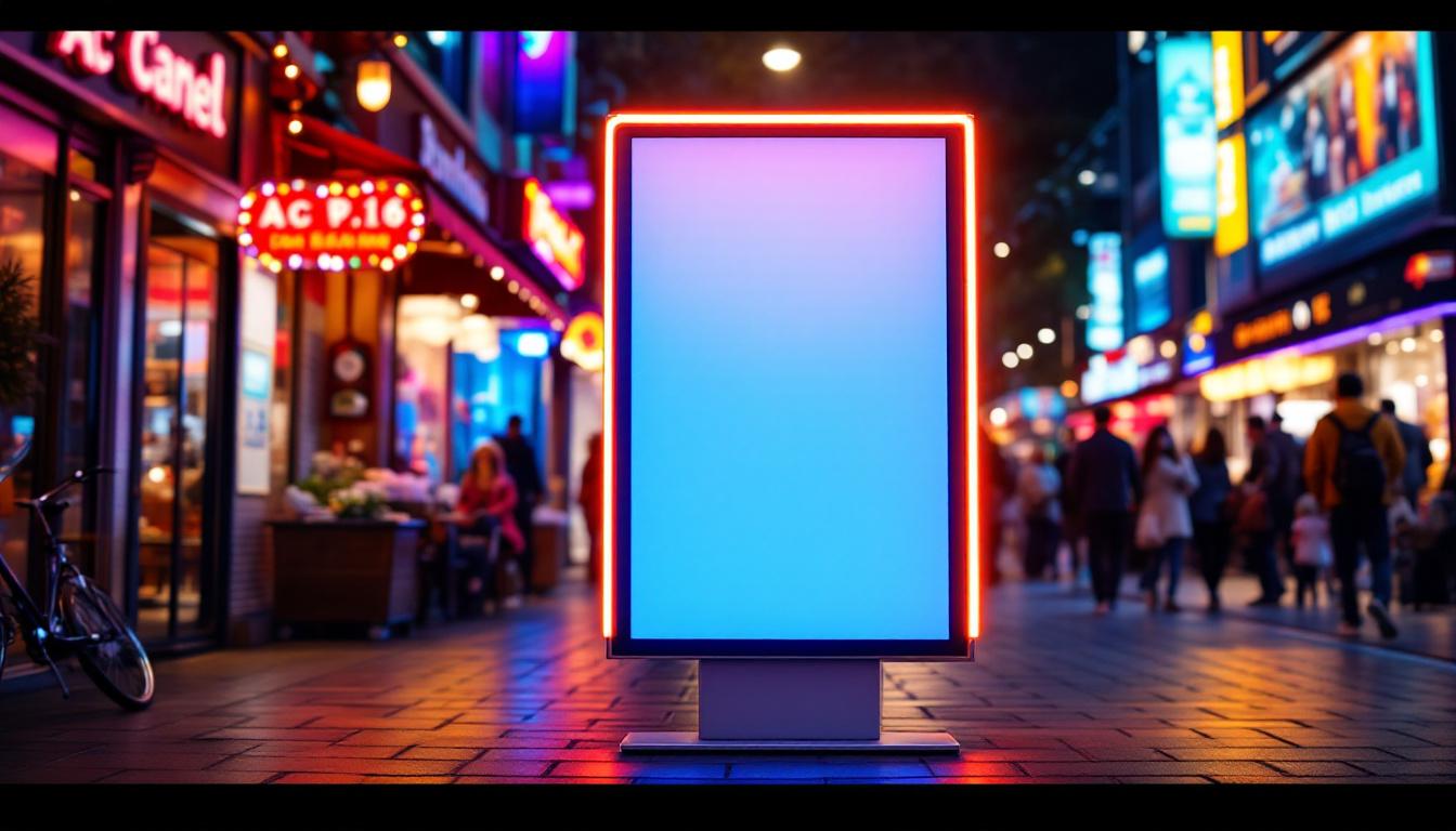 A photograph of a well-lit led a-frame display in a vibrant outdoor setting