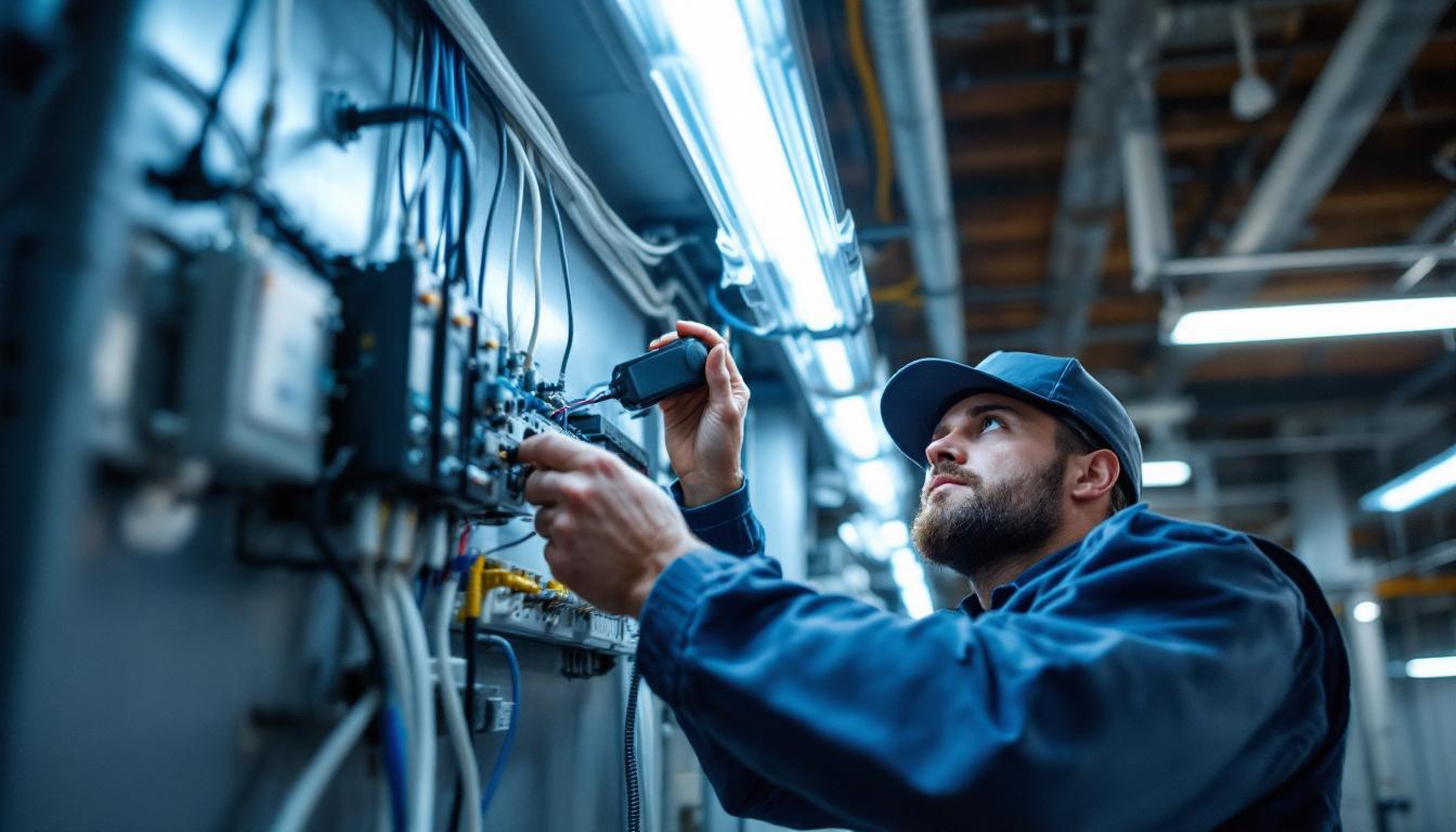 A photograph of a technician working on a t8 led bypass ballast installation