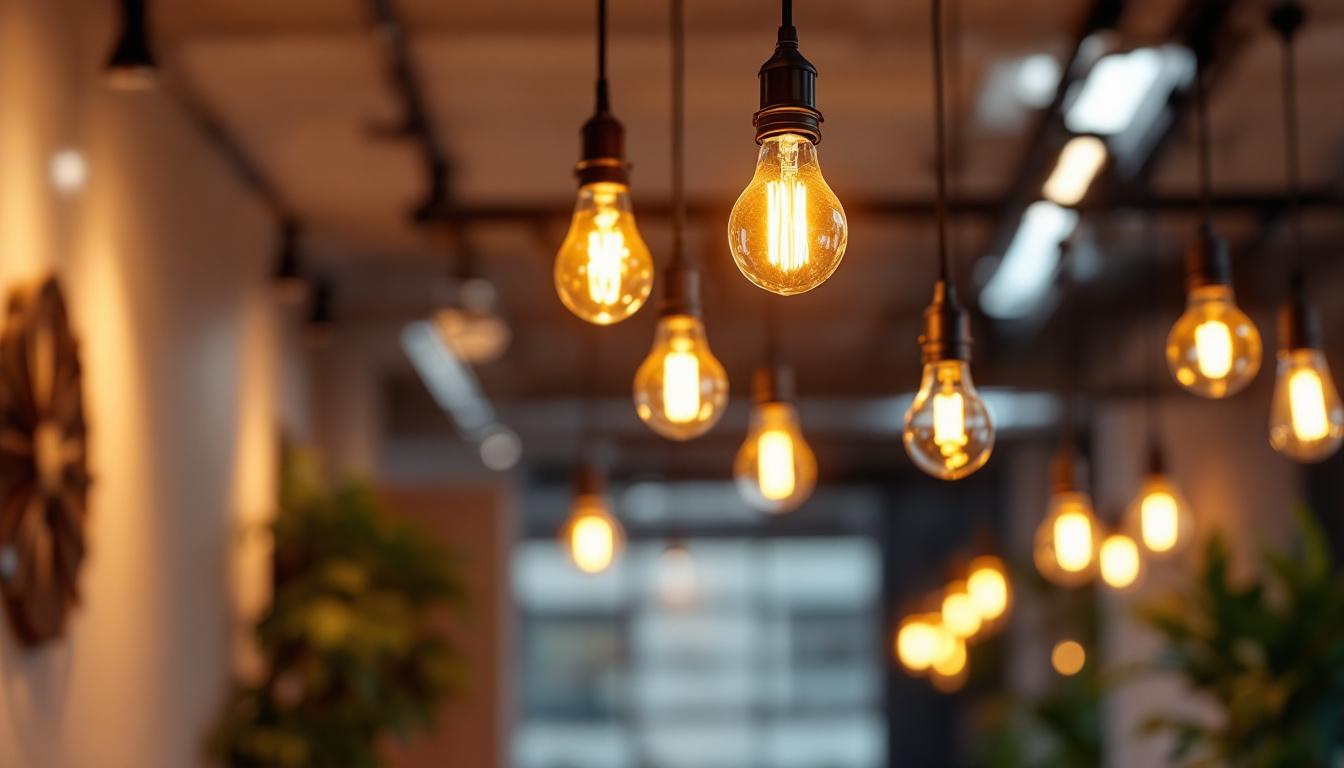 A photograph of a modern interior space featuring led bulbs in stylish light fixtures