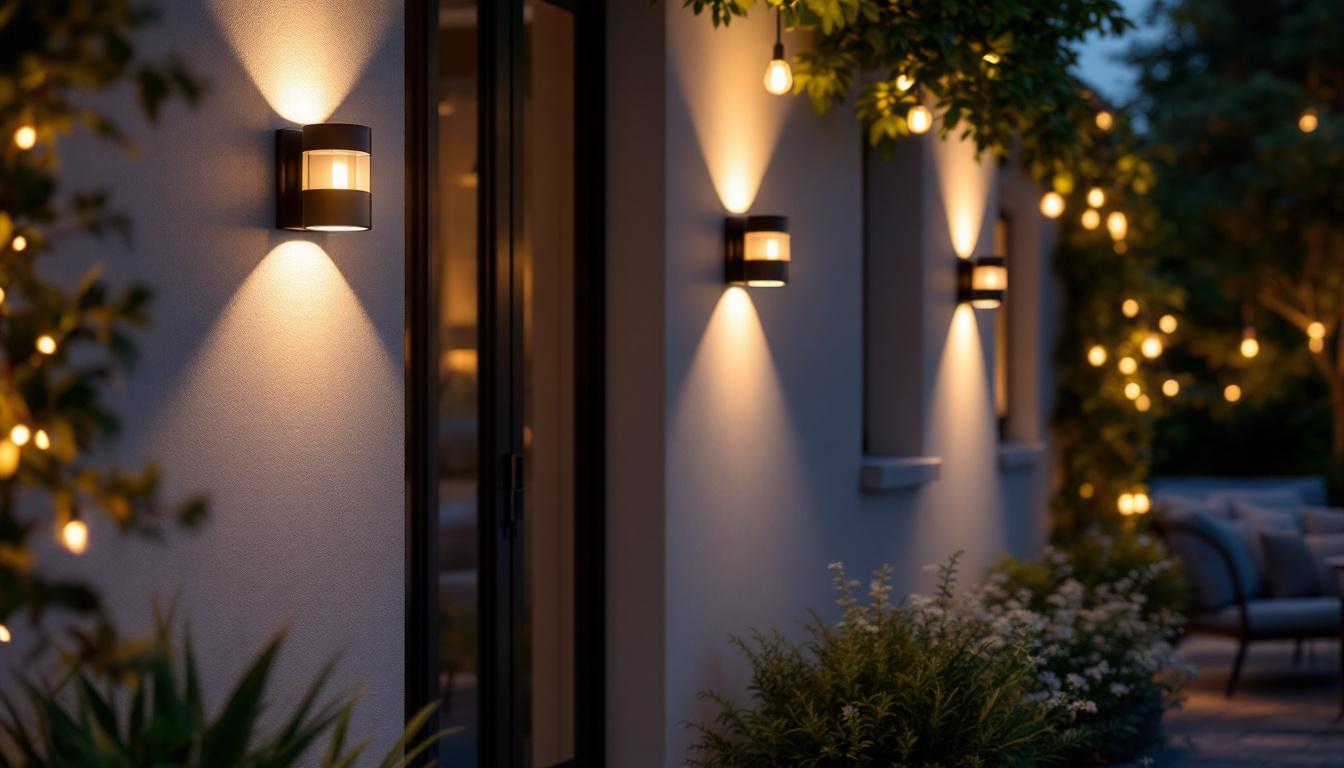 A photograph of a beautifully illuminated outdoor space featuring various styles of top-rated wall lights