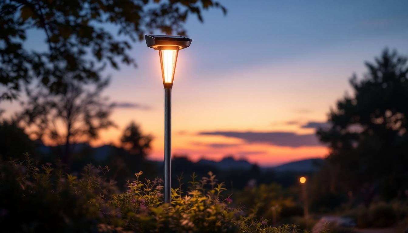 A photograph of a beautifully illuminated solar lamp post in a serene outdoor setting during twilight