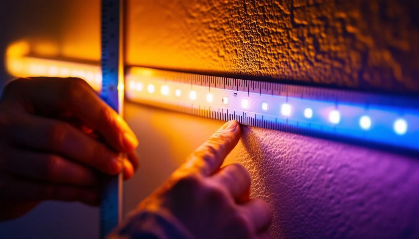 A photograph of a close-up shot of a person measuring a led light strip tape against a wall or surface
