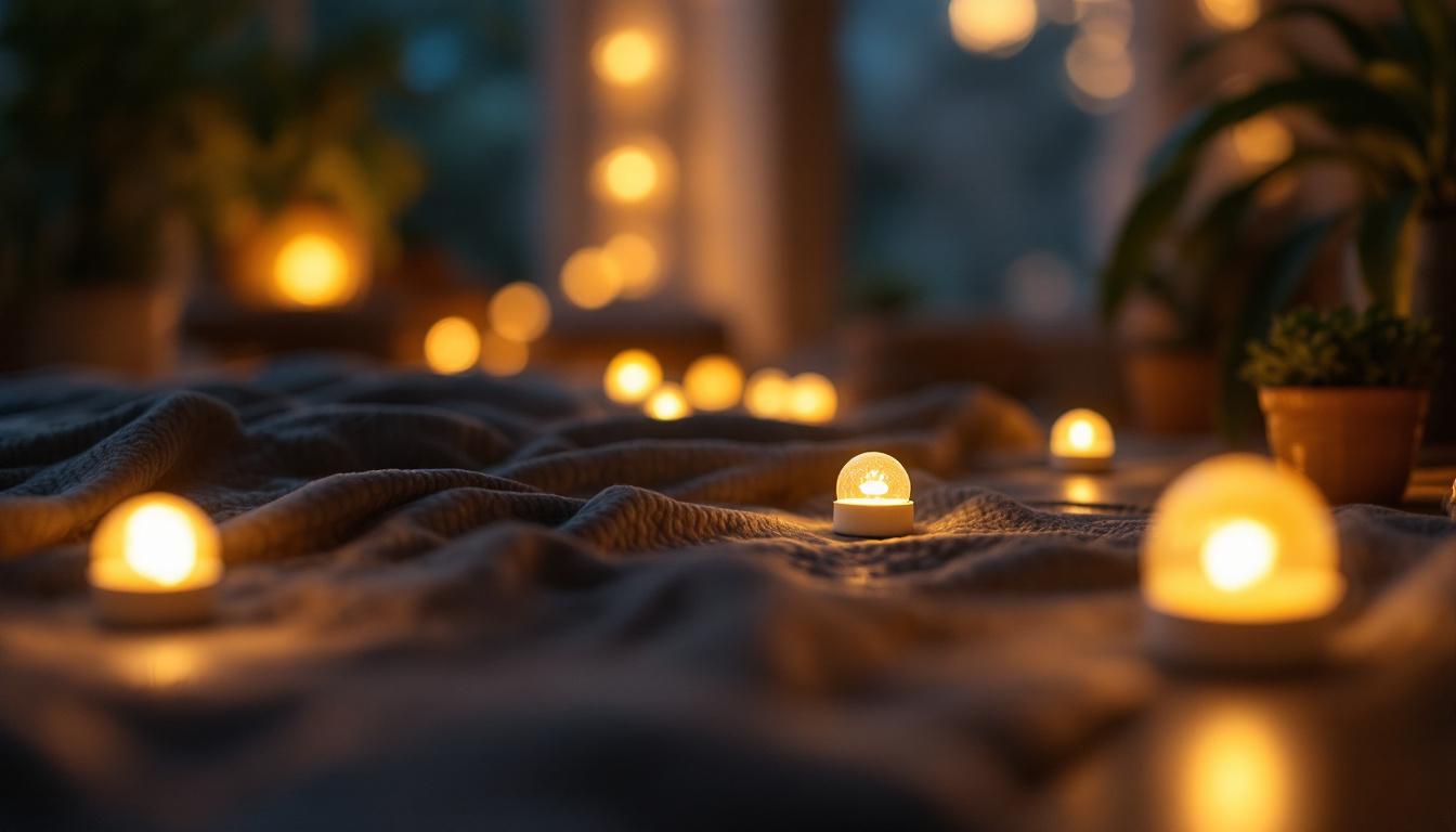 A photograph of a cozy indoor setting illuminated by various little led lights