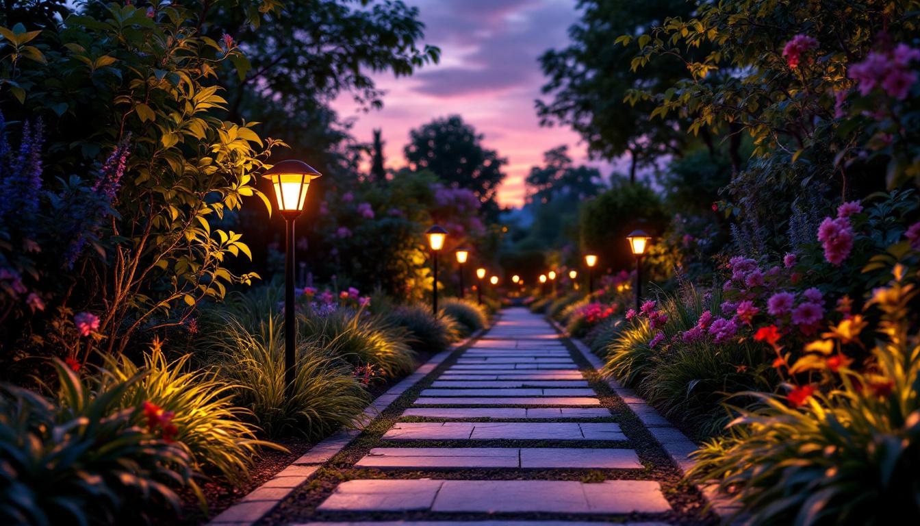A photograph of a beautifully lit garden at dusk