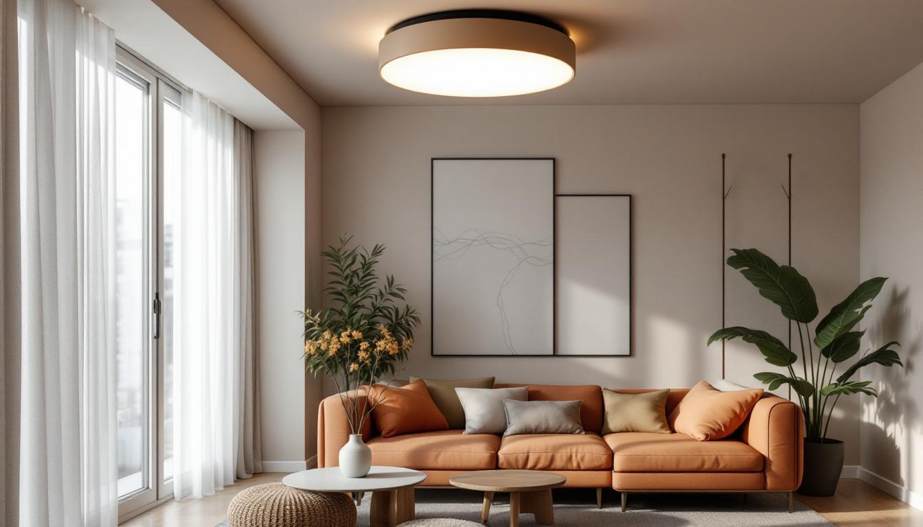 A photograph of a stylish and modern flush mount light fixture installed in an aesthetically pleasing interior setting