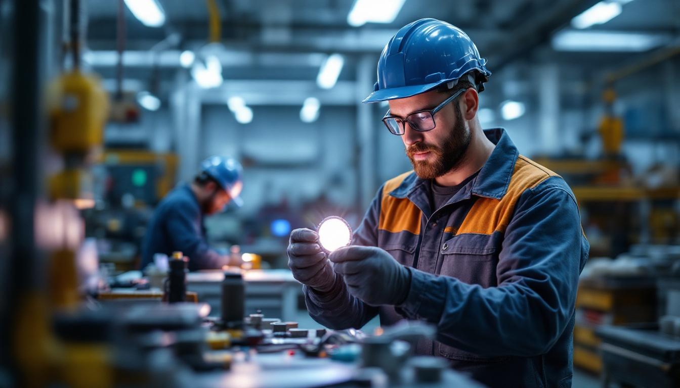 A photograph of a skilled engineer inspecting a wafer light bracket in a well-lit workshop