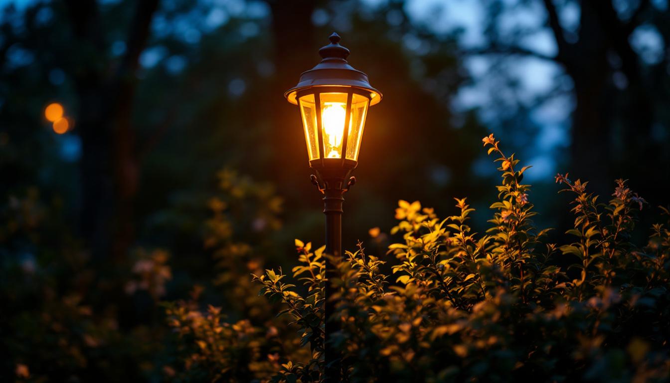 A photograph of a beautifully illuminated outdoor lamp in a serene evening setting