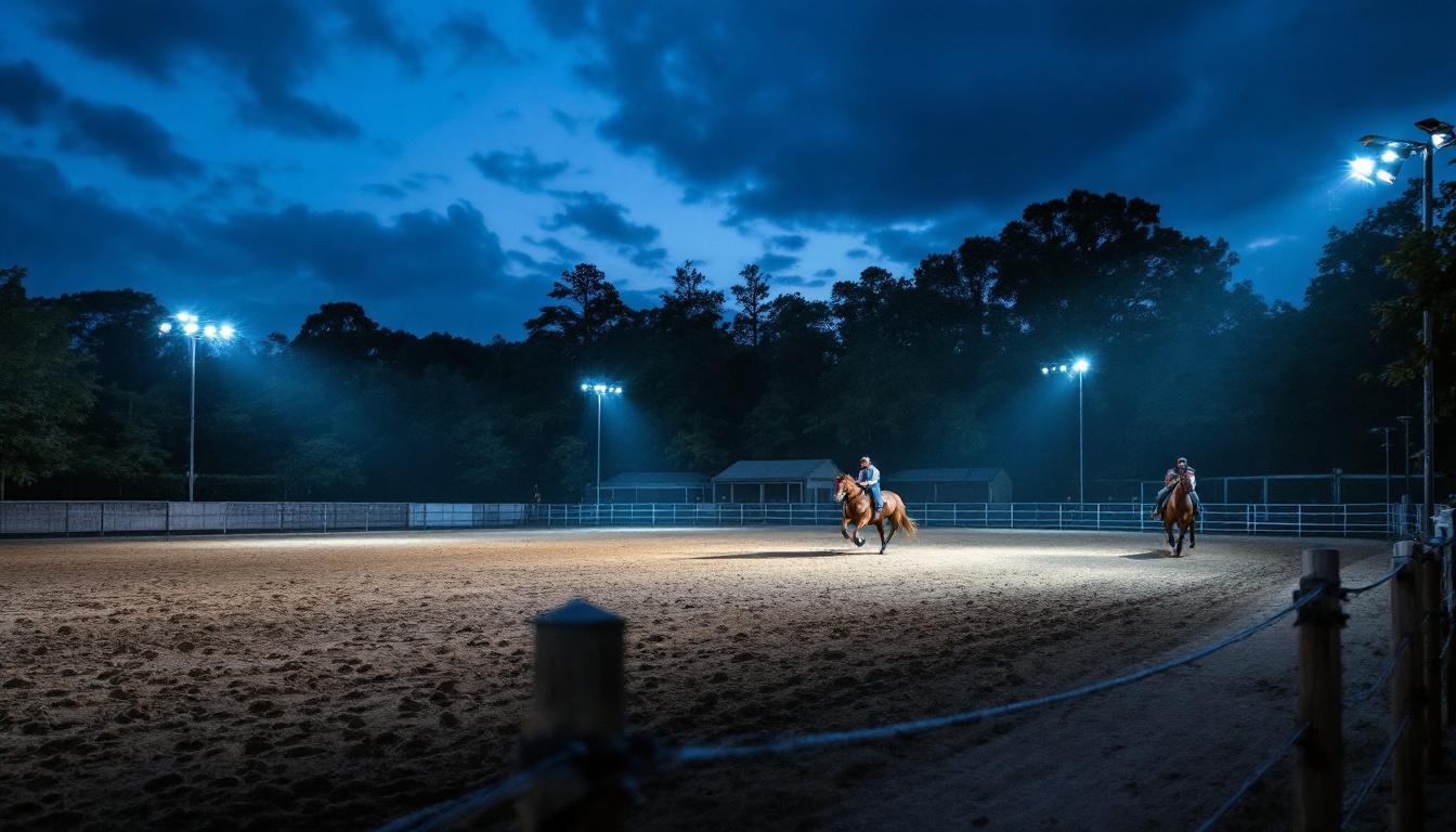 A photograph of a well-lit horse arena at dusk