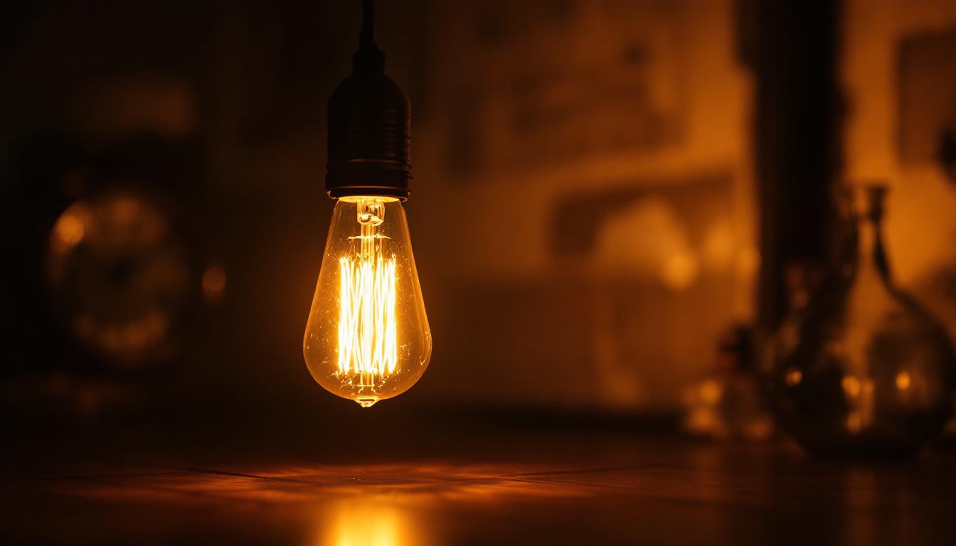 A photograph of a vintage-style light bulb glowing warmly in a dimly lit room