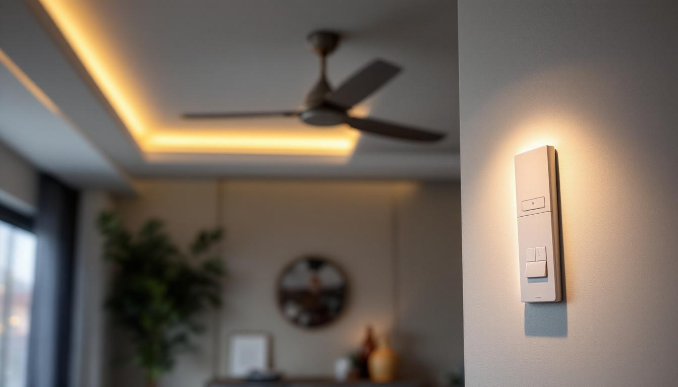A photograph of a sleek ceiling fan with an integrated wall control switch