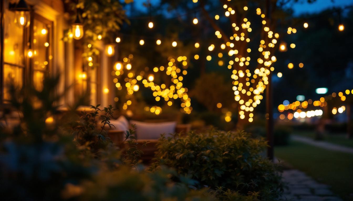 A photograph of a cozy outdoor setting illuminated by small outdoor lights
