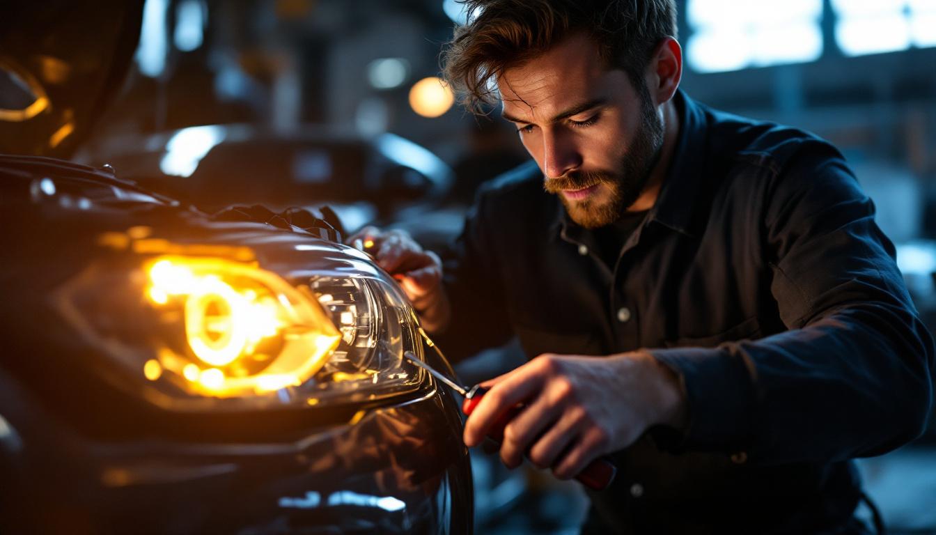 A photograph of a dynamic scene showcasing an engineer working on a car's lighting system
