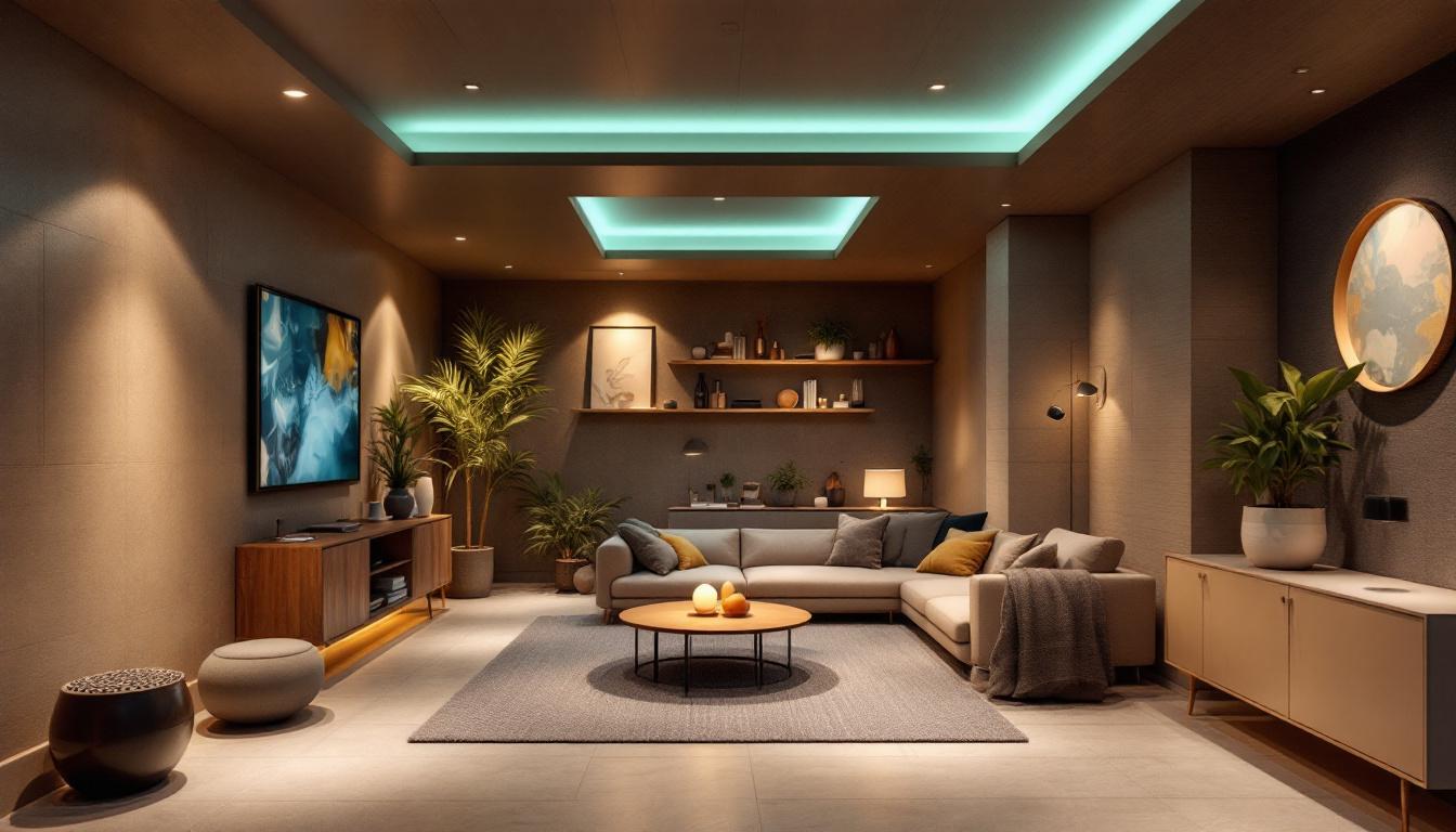 A photograph of a stylishly designed basement space showcasing a variety of innovative lighting solutions