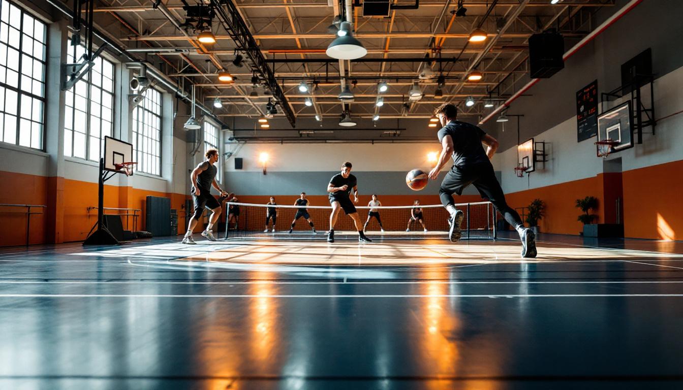 A photograph of a well-lit gymnasium showcasing various lighting setups