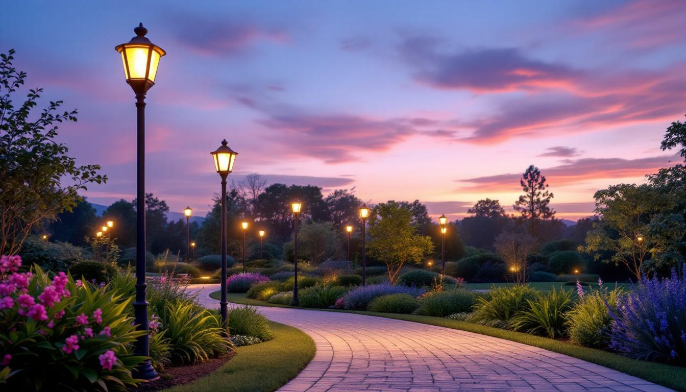 A photograph of a beautifully illuminated garden at dusk