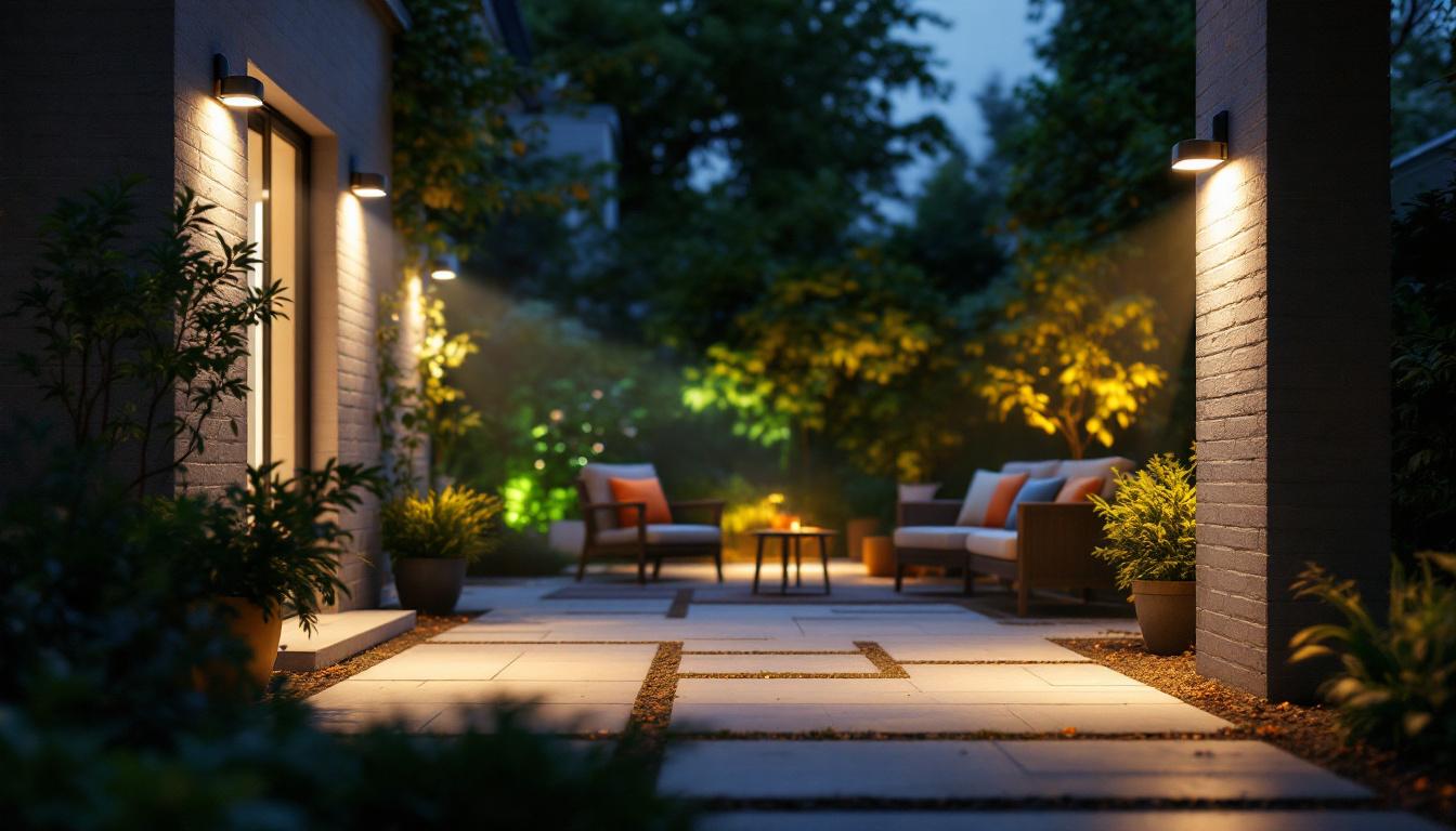 A photograph of a well-lit outdoor space showcasing various motion sensor lights in action