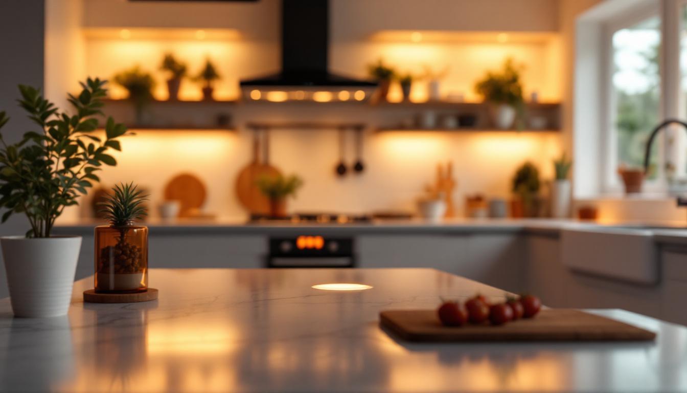 A photograph of a beautifully illuminated kitchen space featuring under counter led puck lights