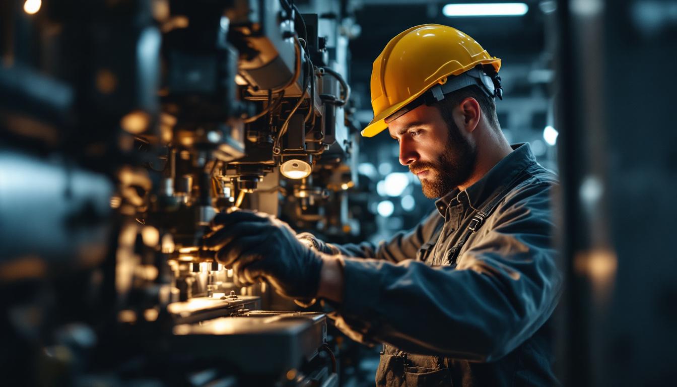 A photograph of a technician performing maintenance on a well-lit industrial machine