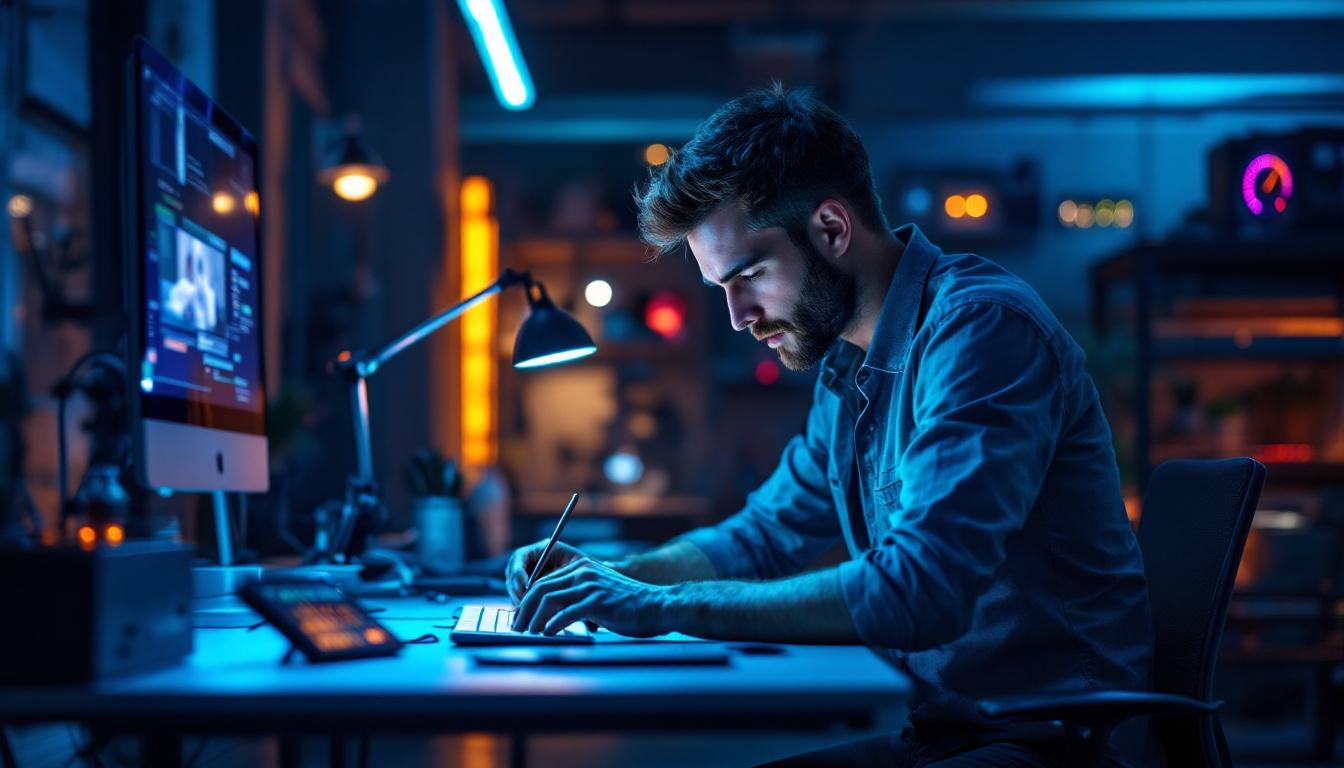 A photograph of a modern electrical engineer working intently at a sleek workstation