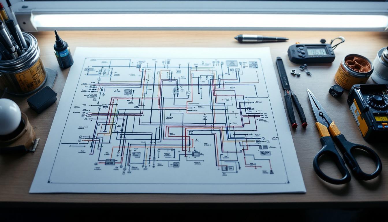 A photograph of a close-up shot of a well-organized fluorescent light wiring diagram laid out on a workbench