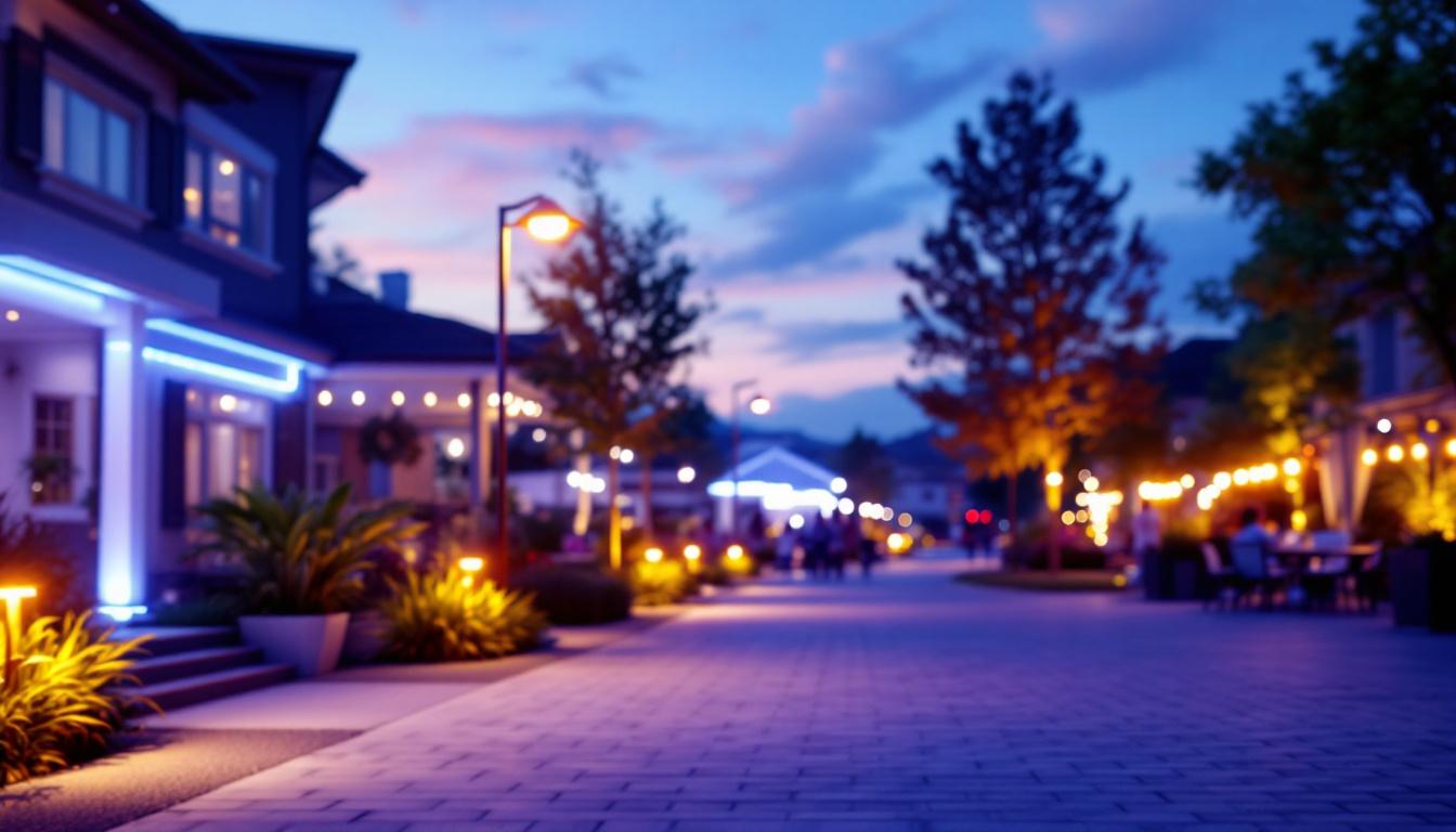 A photograph of a vibrant outdoor scene illuminated by led flood bulbs at twilight