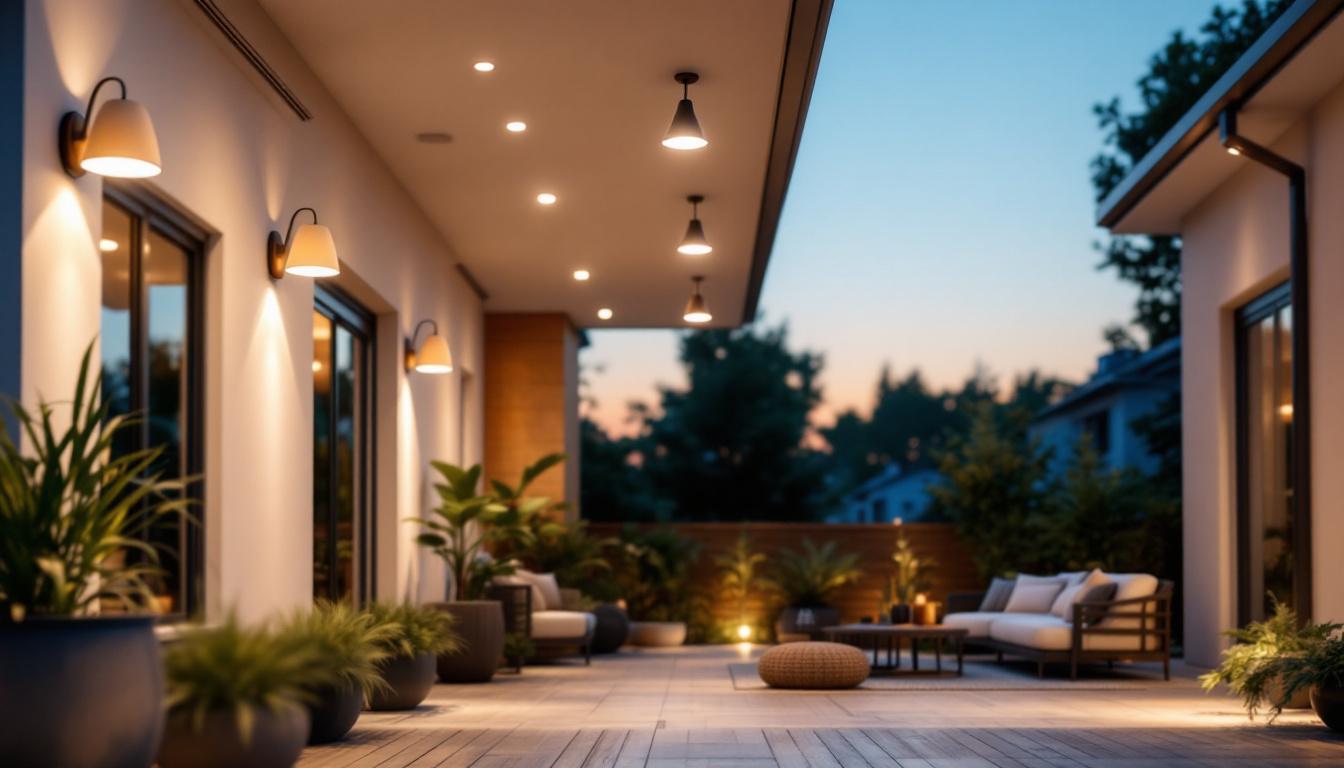 A photograph of a well-lit outdoor space featuring various ceiling mount outdoor lights