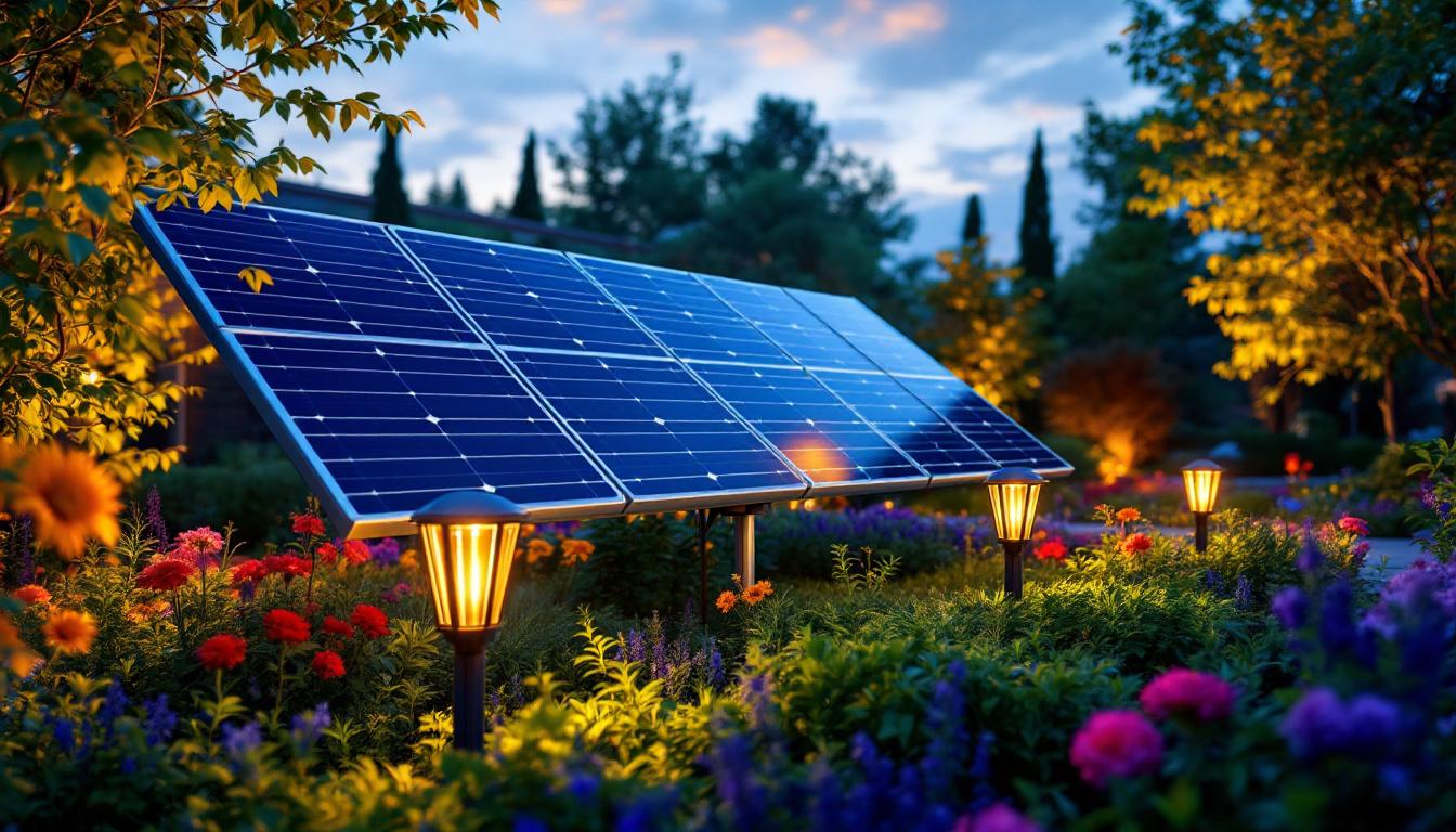 A photograph of an outdoor solar panel installation in a vibrant garden setting