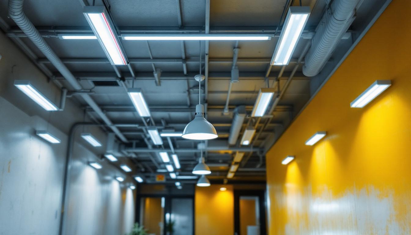 A photograph of a well-designed interior space featuring various fluorescent light fixtures