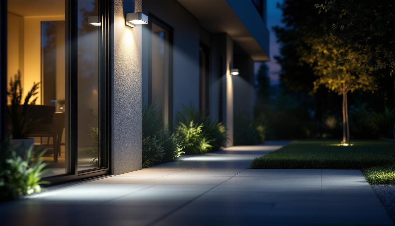 A photograph of a well-lit outdoor area featuring led flood lights with motion sensors in action