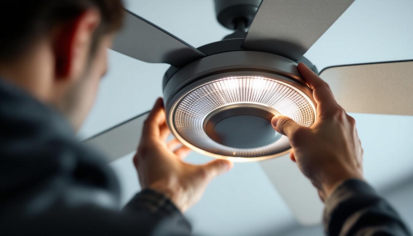 A photograph of a close-up shot of a stylish fan light replacement cover being installed