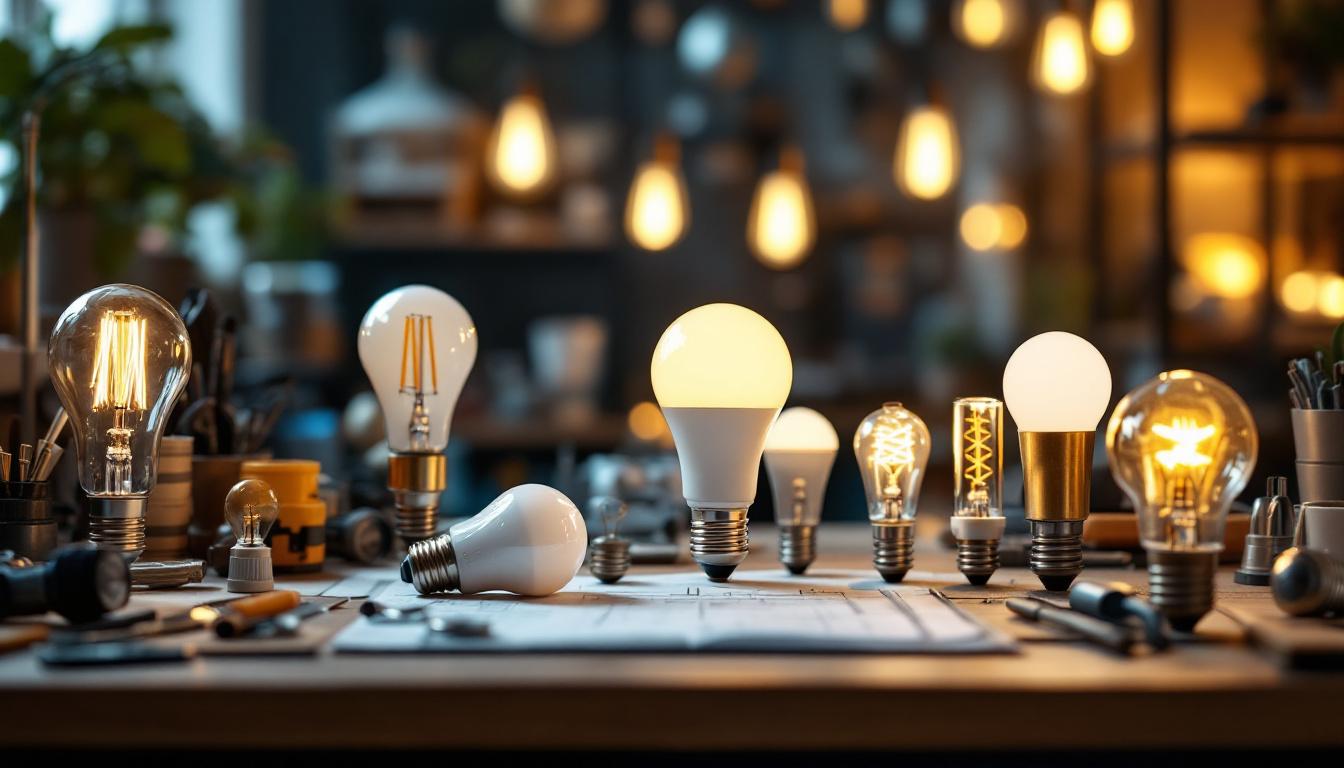 A photograph of a well-lit workspace featuring a variety of lightbulb types