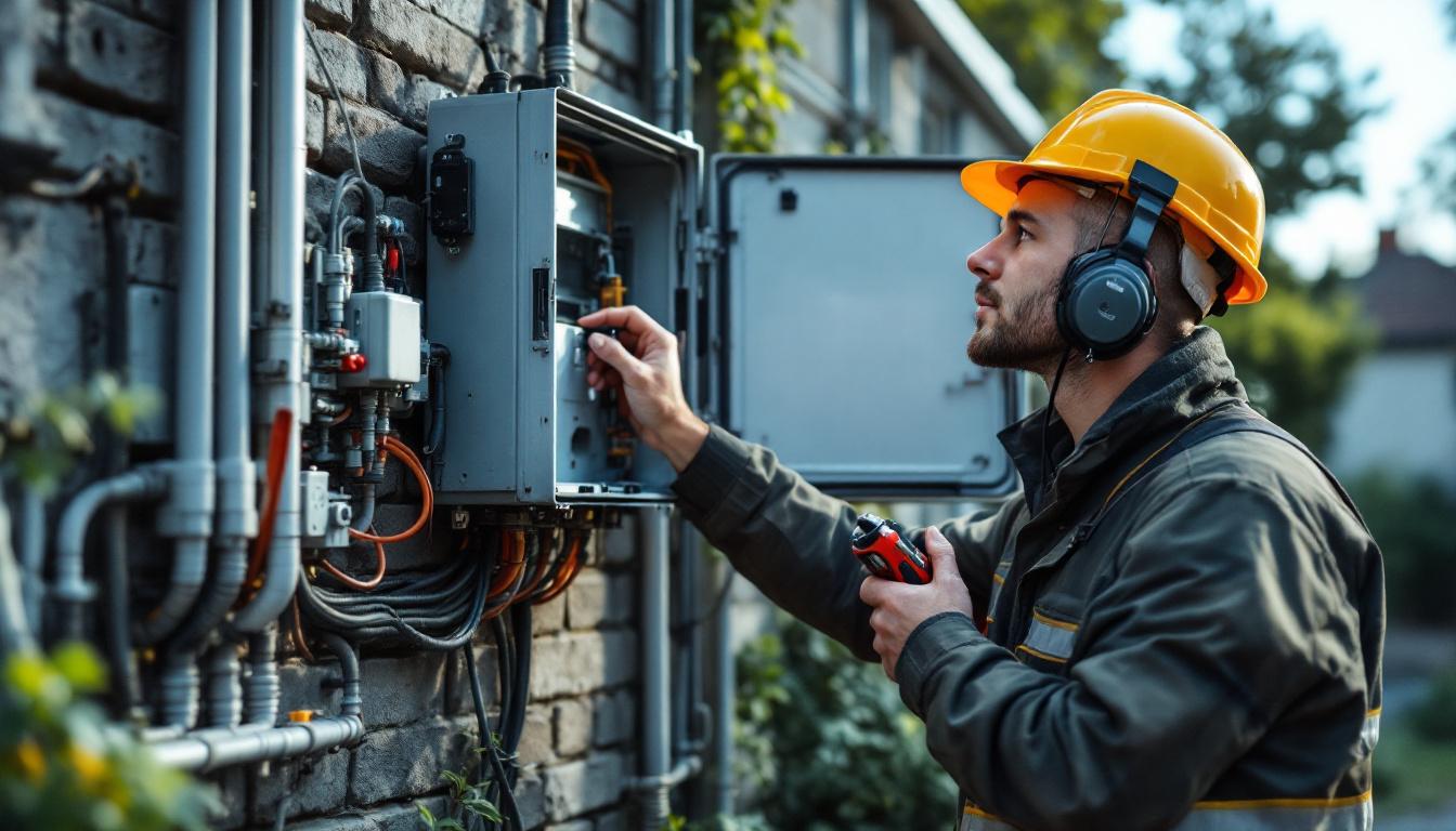 A photograph of a skilled electrical engineer inspecting a weatherproof outdoor electrical housing installation