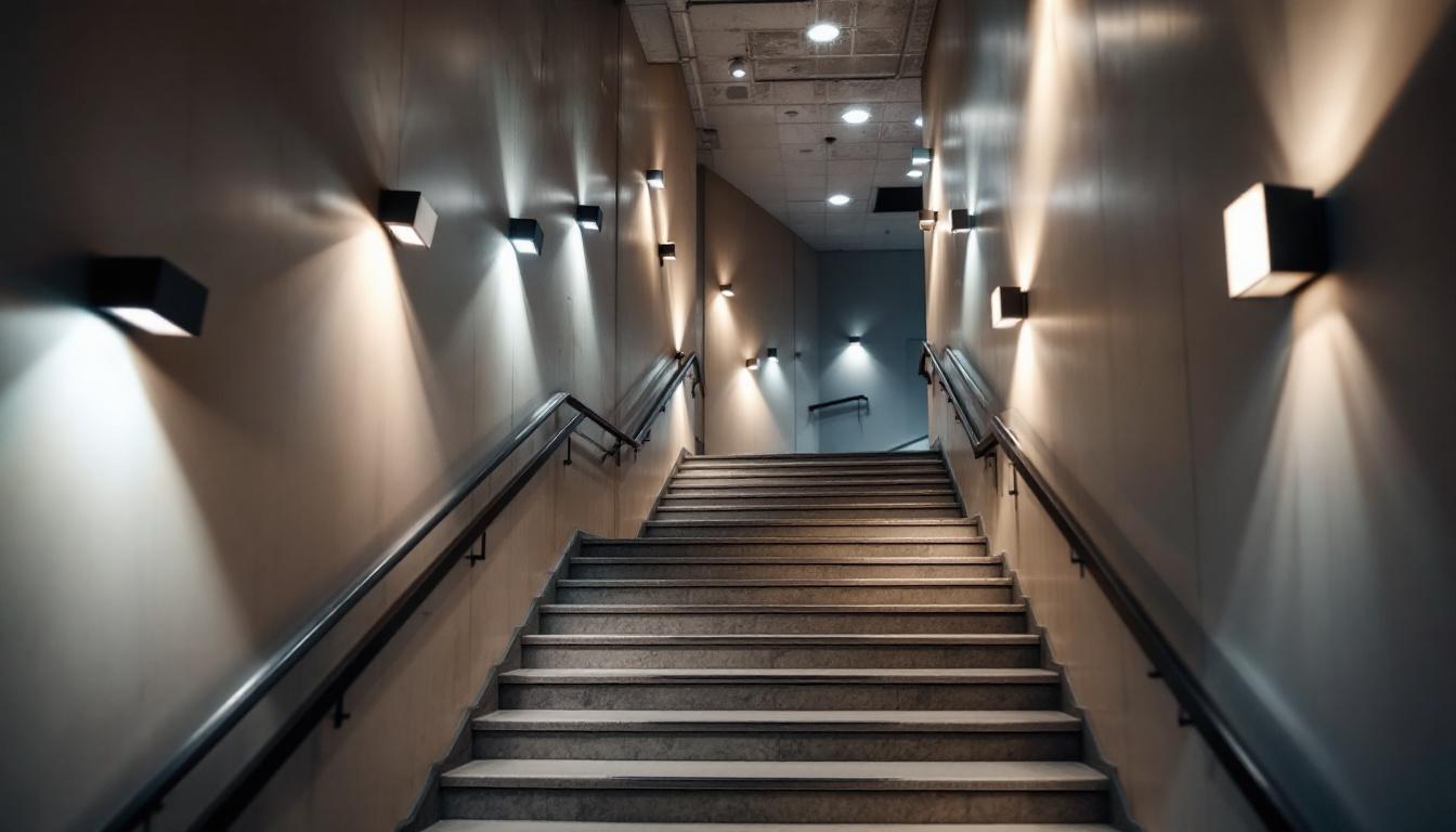 A photograph of capture a photograph of a beautifully illuminated stairwell featuring a variety of modern light fixtures