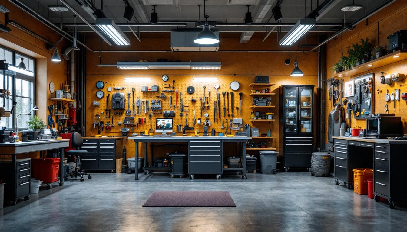A photograph of a well-lit garage showcasing various led lighting options