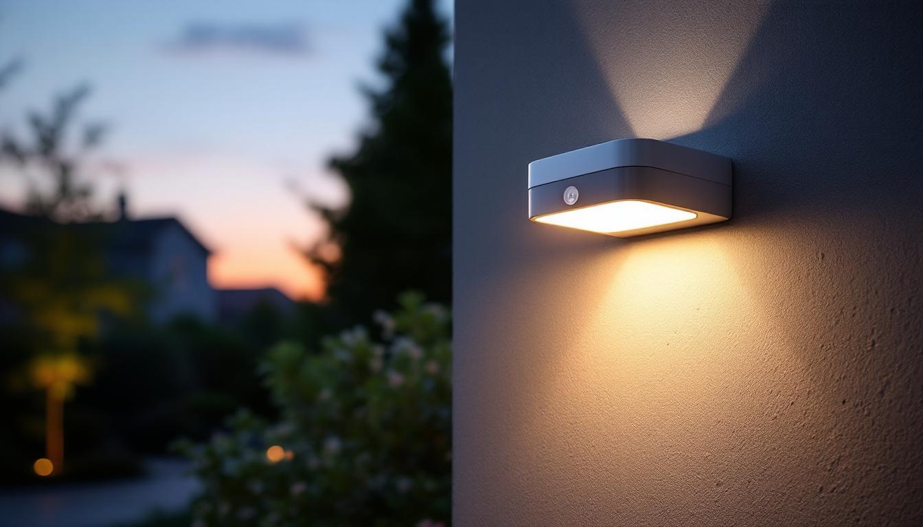 A photograph of a sleek motion sensor led outdoor light installed in a residential setting