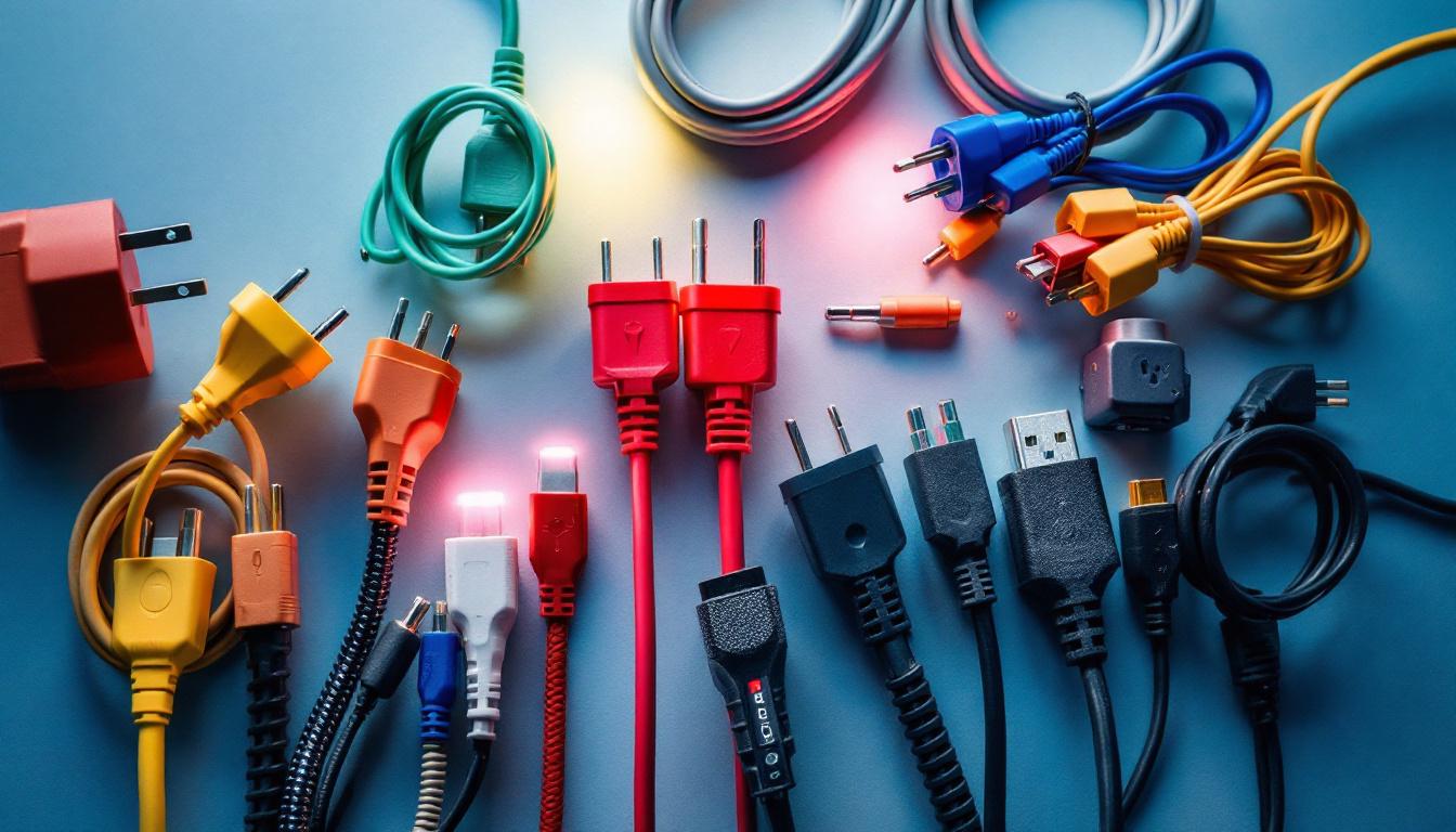 A photograph of a variety of power cords and cables arranged aesthetically