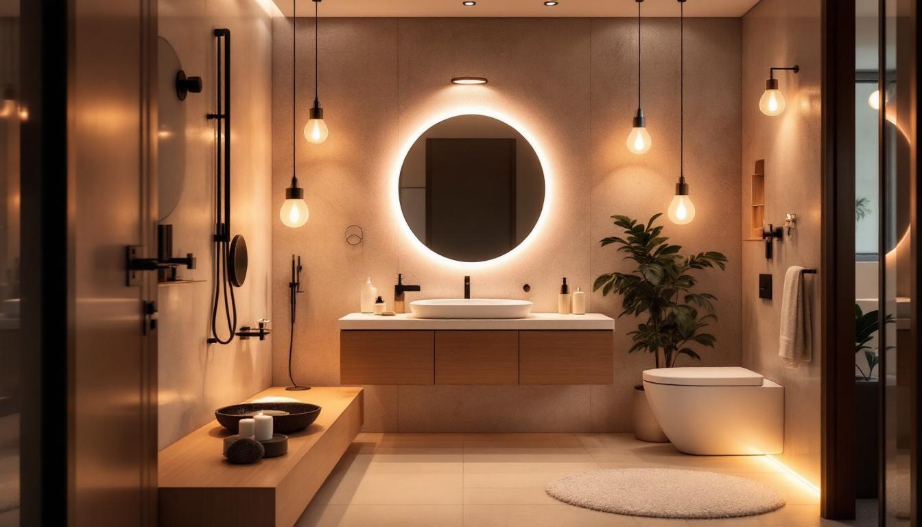 A photograph of a beautifully designed bathroom featuring a variety of light fixtures that showcase different color temperatures