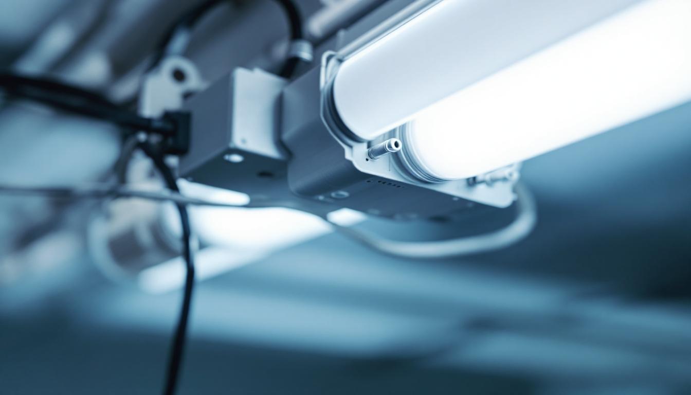 A photograph of a close-up view of a fluorescent light fixture