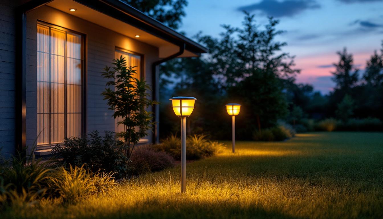 A photograph of a beautifully designed solar lighting installation in a landscaped outdoor setting