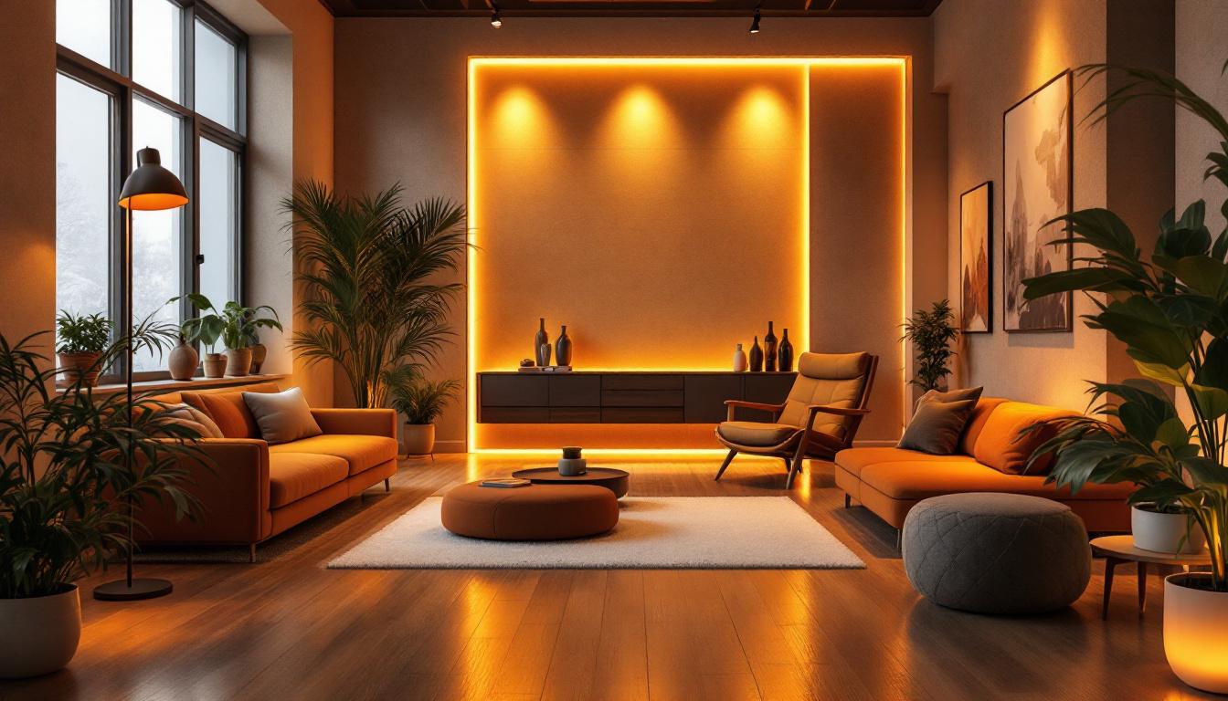 A photograph of a beautifully designed interior space illuminated by warm amber led lamps