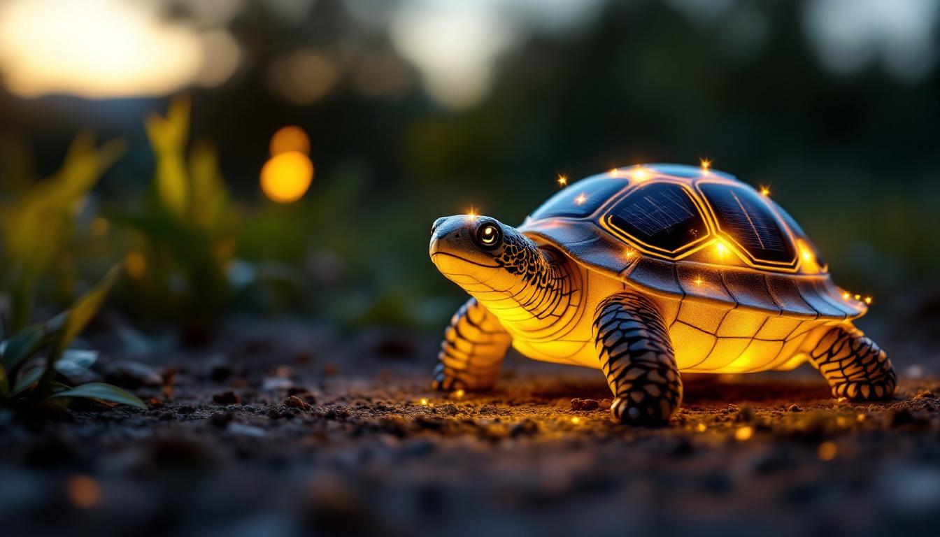 A photograph of a beautifully designed solar light turtle in a serene outdoor setting at dusk