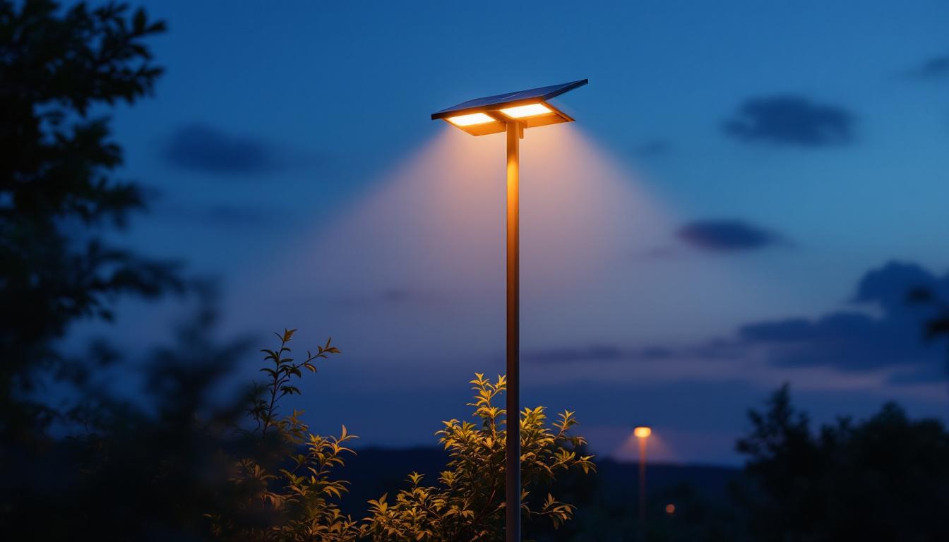A photograph of a tall solar light installed in an outdoor setting