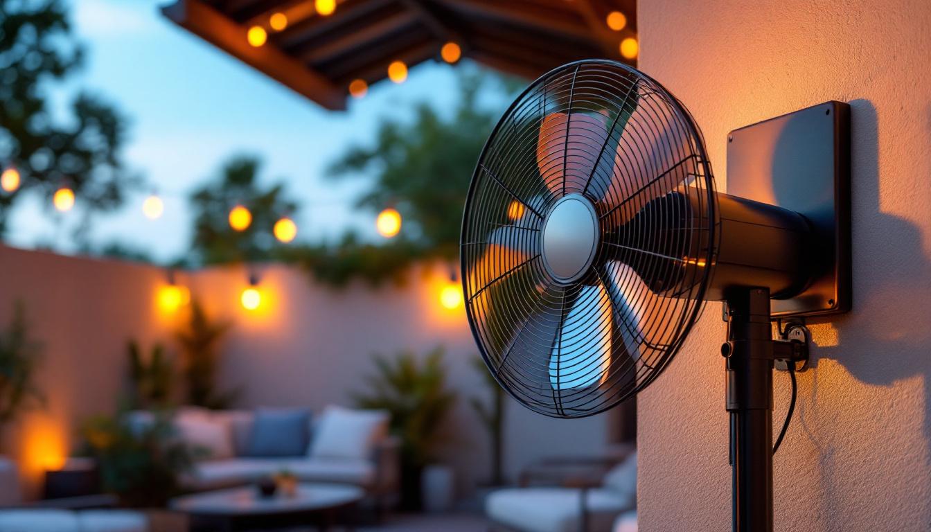 A photograph of a sleek outdoor metal fan installed in a stylish patio setting