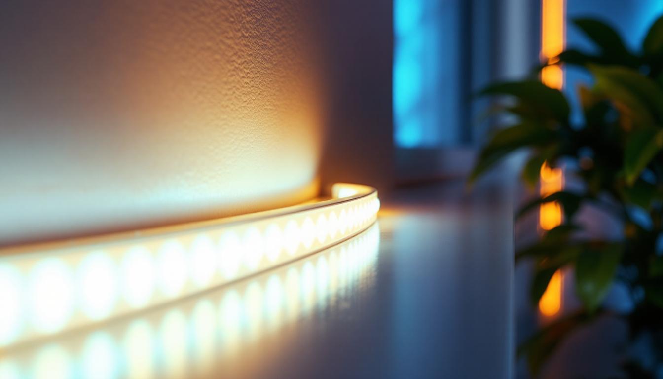 A photograph of a vibrant led strip illuminating a space