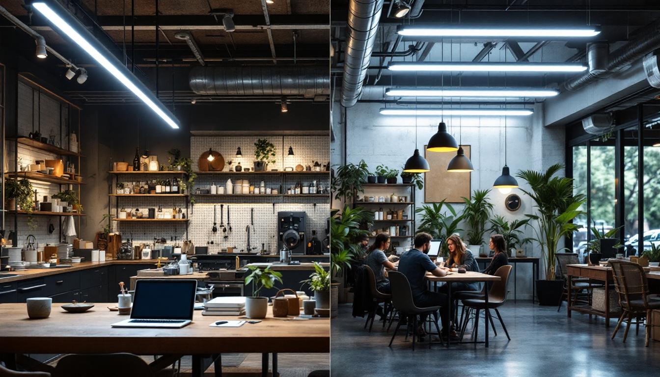 A photograph of a side-by-side comparison of an industrial workspace and a commercial retail environment
