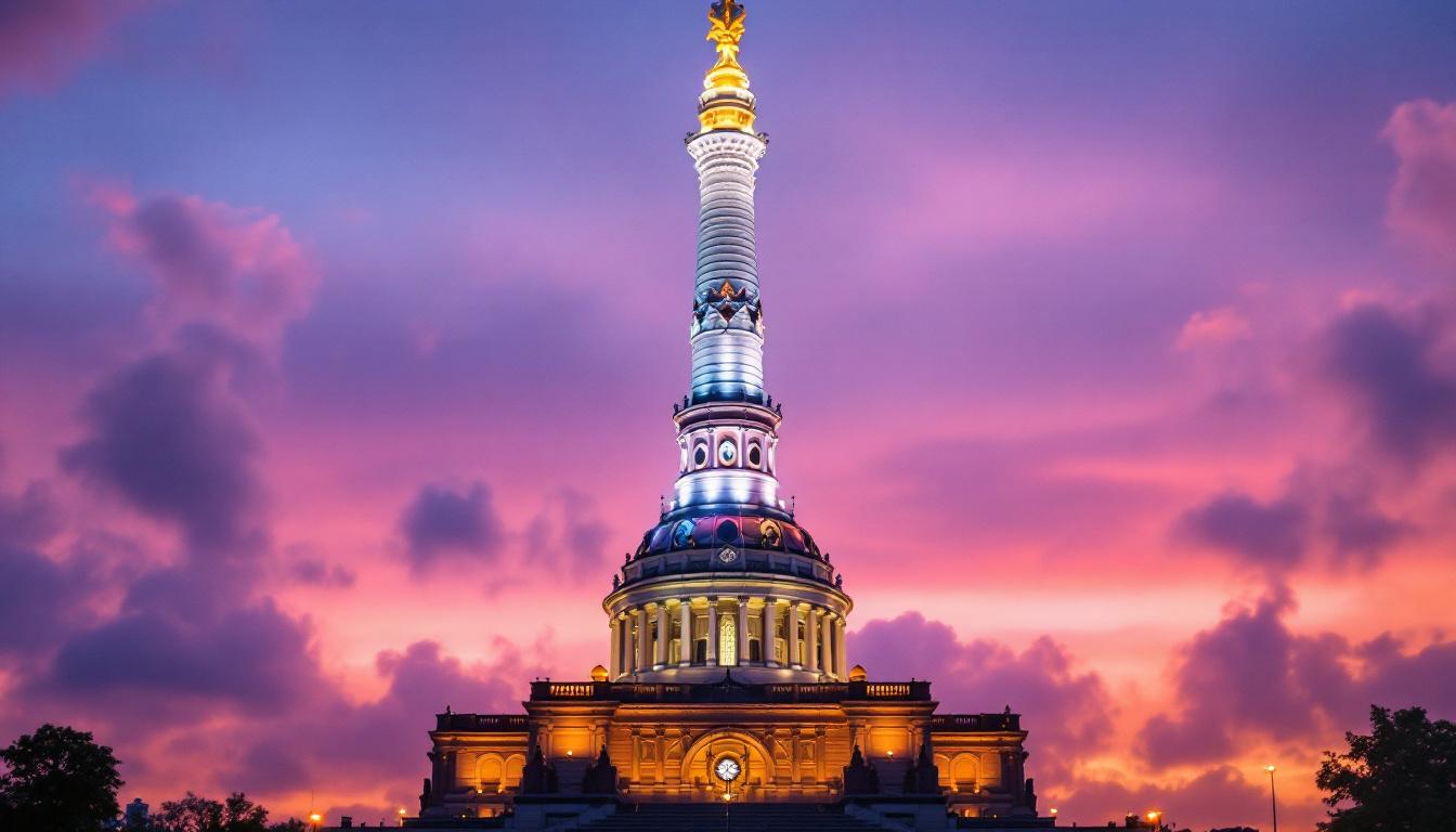 A photograph of a beautifully illuminated monument in baltimore at dusk